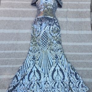 Silver Sequin Embellished Off the Shoulder Prom Gown
